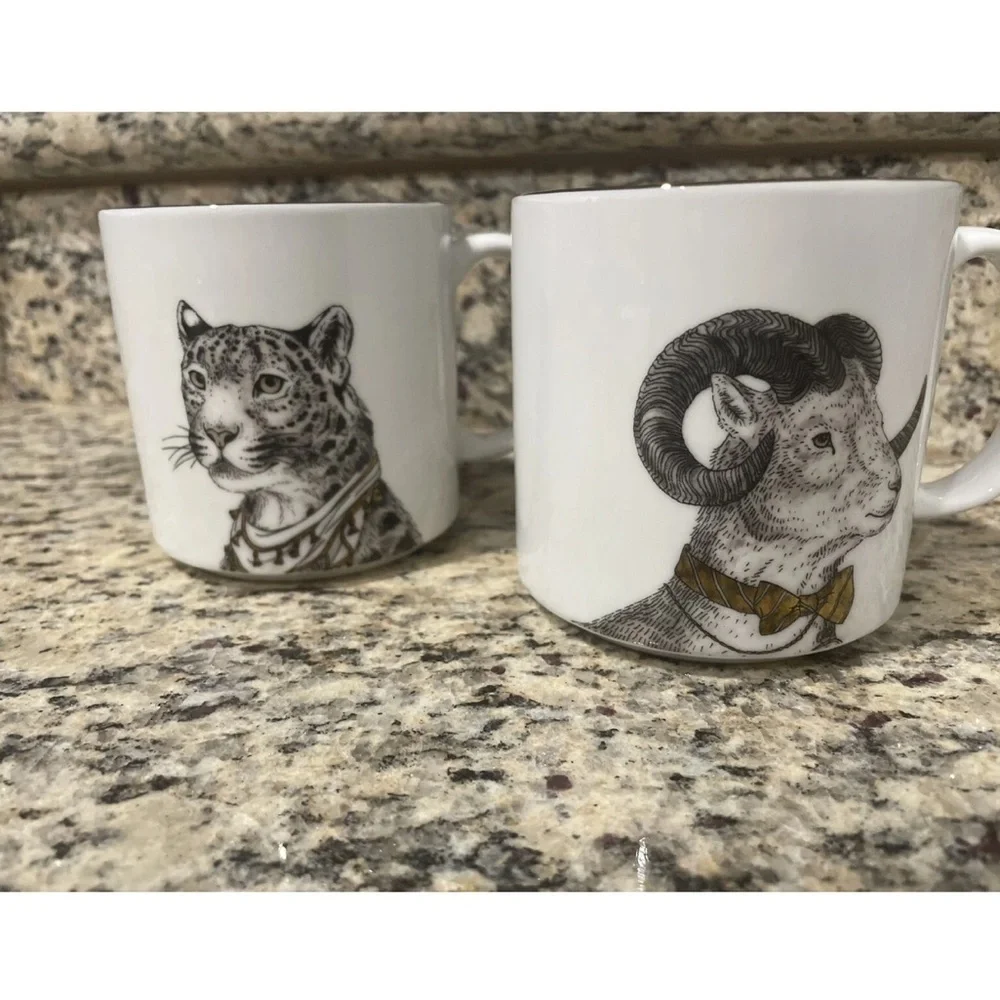 Rachel Kozlowski + West Elm Gilded Dapper Animal Leopard & Ram Mug Set of 2